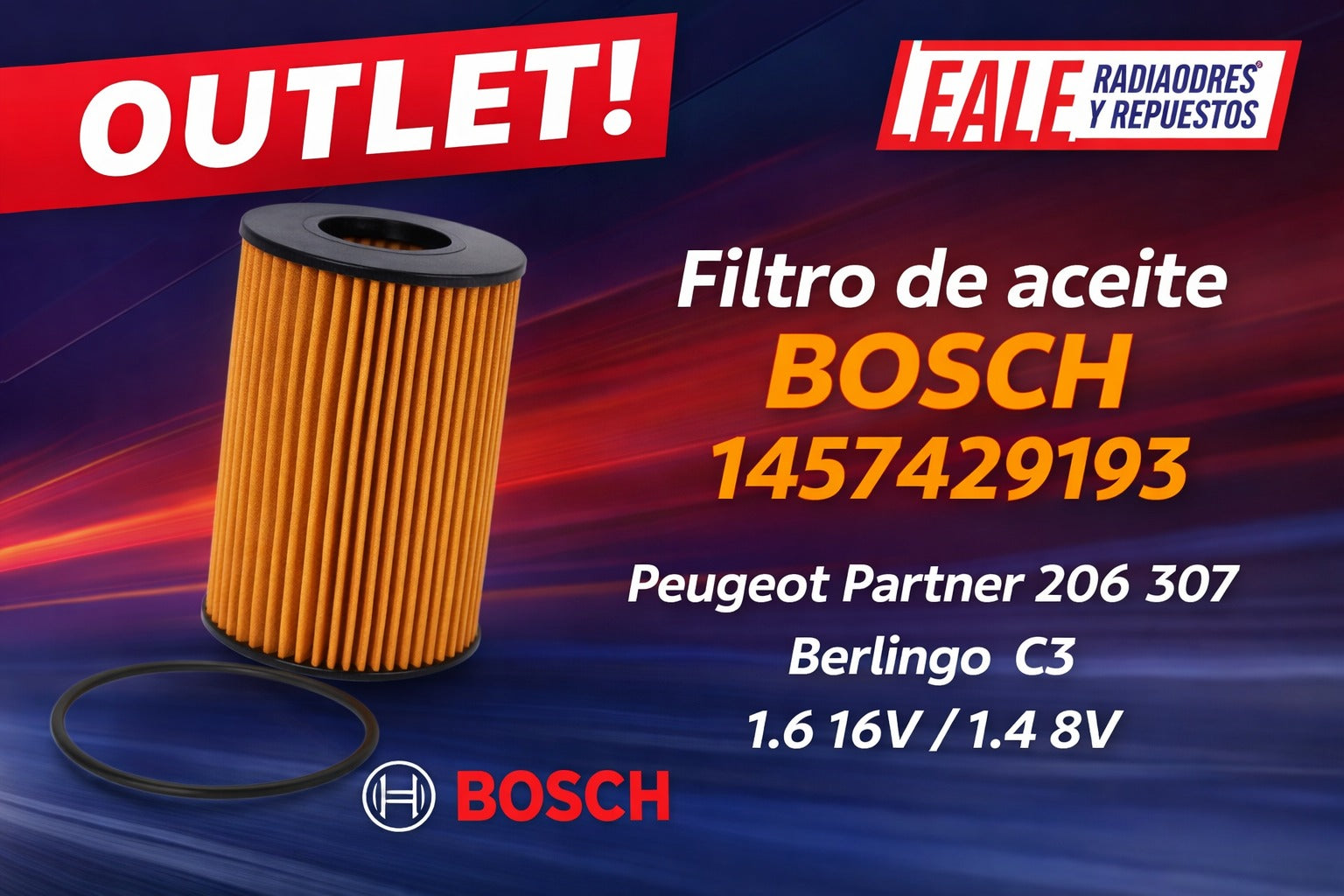 OUTLET! Filtro de aceite Bosch 1457429193 Peugeot Partner 206 307 Berlingo C3 1.6 16V / 1.4 8V