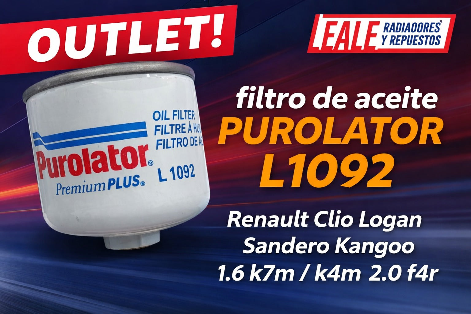 OUTLET! filtro de aceite purolator L1092 Renault Clio Logan Sandero Kangoo 1.6 k7m / k4m 2.0 f4r
