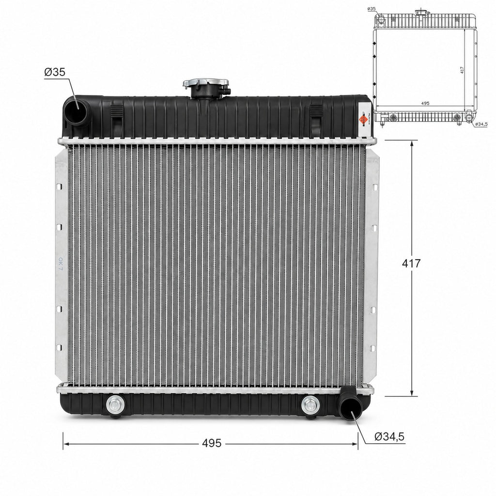 Radiador de aluminio brazado con cotas de boca superior e inferior, para adaptar en Ford F100, Falcon y Chevrolet C10
