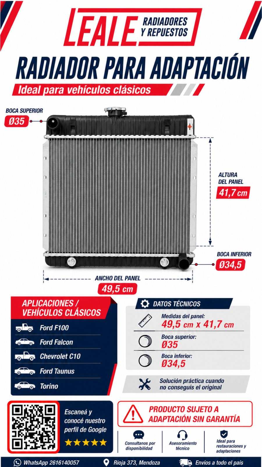 Radiador de aluminio para adaptación en Ford F100, Falcon y Chevrolet C10 – medidas y aplicaciones