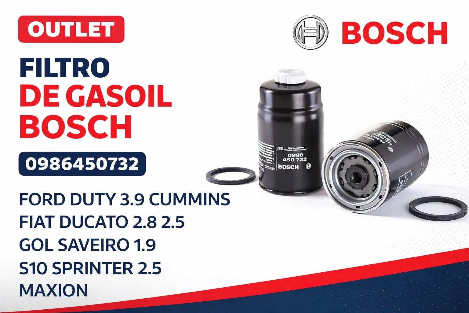 OUTLET FILTRO DE GASOIL BOSCH 0986450732 FORD DUTY 3.9 CUMMINS FIAT DUCATO 2.8 2.5 GOL SAVEIRO 1.9 S10 SPRINTER 2.5 MAXION